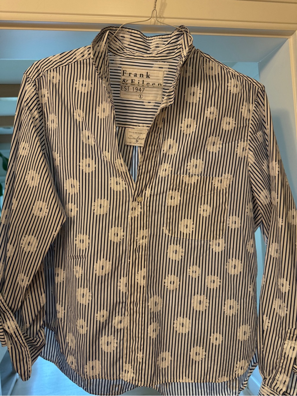 Frank & Eileen Navy and White Striped Floral Button-Up Shirt